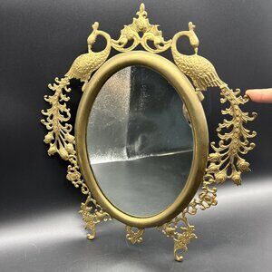 Vintage India Cast Brass Oval Ornate Peacock Bird Floral Wall Mirror
